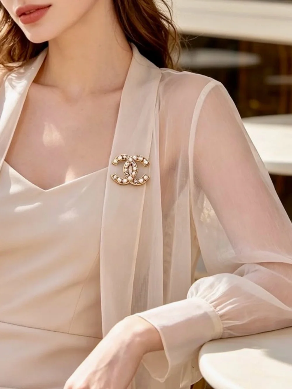 CHANEL Gold Pearl CC Logo Brooch on Navy Silk